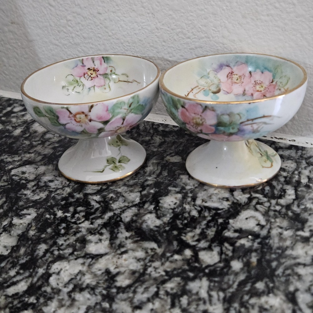 handpainted‎ porcelain footed compote  bowl set of Floral gold accents